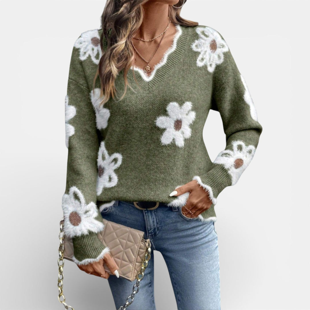 THEA | ELEGANT V-NECK FLORAL SWEATER